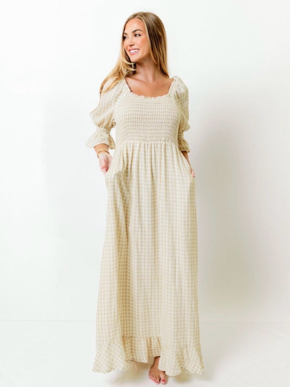 NWT Worth Collective Cotton Gingham Smocked Maxi Dress XS Cottagecore maternity